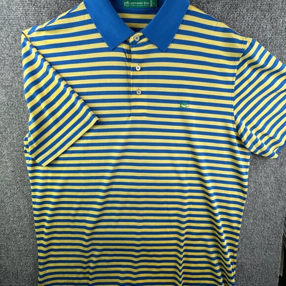 Southern Tide Club Short Sleeve Polo Shirt Blue Yellow Striped Large Men Golf - Picture 2 of 13